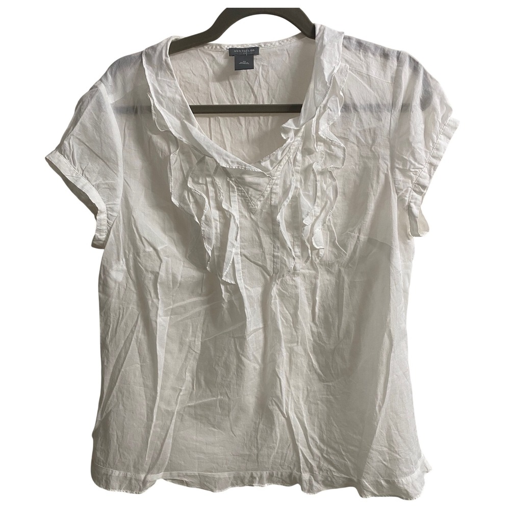Ann Taylor White 100% Cotton‎ Ruffle V-Neck Blouse Short Sleeve Top Womens 
12
